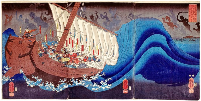 Utagawa Kuniyoshi (January 1, 1798 - April 14, 1861) was one of the last great masters of the Japanese ukiyo-e style of woodblock prints and painting. He is associated with the Utagawa school.<br/><br/> The range of Kuniyoshi's preferred subjects included many genres: landscapes, beautiful women, Kabuki actors, cats, and mythical animals. He is known for depictions of the battles of samurai and legendary heroes. His artwork was affected by Western influences in landscape painting and caricature.<br/><br/> Minamoto no Yoshitsune (1159-1189) was a general of the Minamoto clan of Japan in the late Heian and early Kamakura period. Yoshitsune was the ninth son of Minamoto no Yoshitomo, and the third and final son and child that Yoshitomo would father with Tokiwa Gozen. Yoshitsune's older brother Minamoto no Yoritomo (the third son of Yoshitomo) founded the Kamakura shogunate. He is considered one of the greatest and the most popular warriors of his era, and one of the most famous samurai fi...