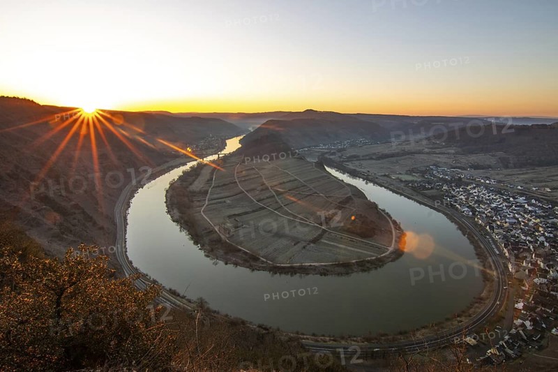 Sunrise over the Moselle. The river meanders in a narrow loop through a valley surrounded by vineyards near Bremm, Calmont, Rhineland-Palatinate, Germany