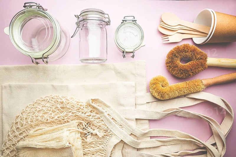 Zero waste conception, cotton bags and glass gars for free plastic shopping