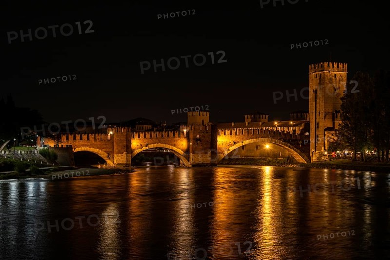 Castlevecchio Bridge over the Adige River in Verona at Night, Italy