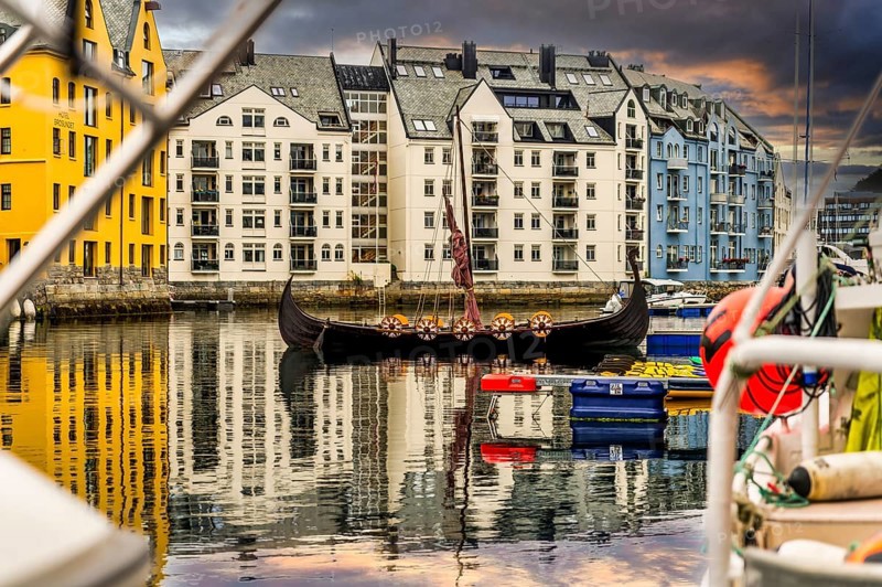 Viking ship in the harbour, Ålesund, Møre og Romsdal region, Norway
