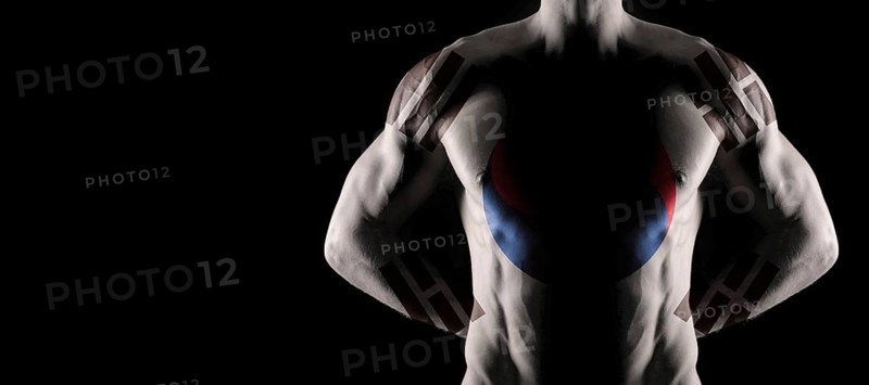 South Korea flag on muscled male torso with abs, black background