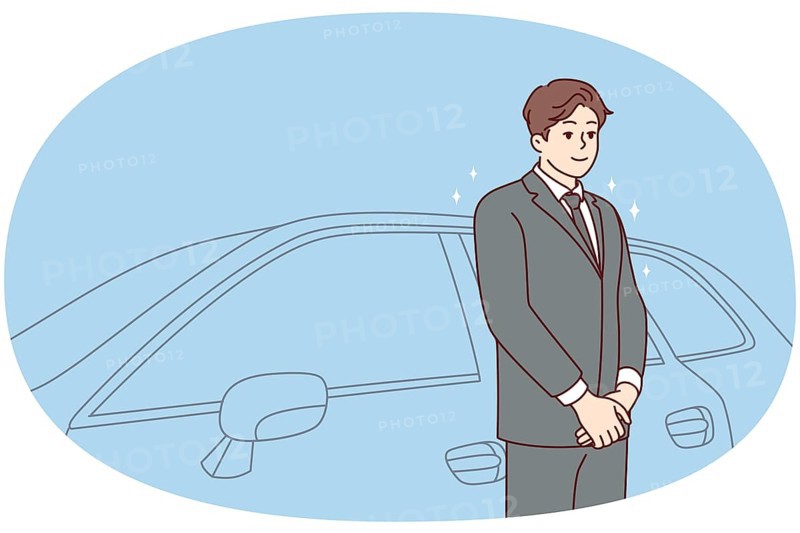 Car driver in suit standing near car waiting for client. Chauffeur in formalwear working in luxury automobile company. Good quality service. Vector illustration