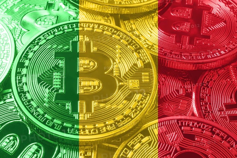 Mali bitcoin flag, national flag cryptocurrency concept black background