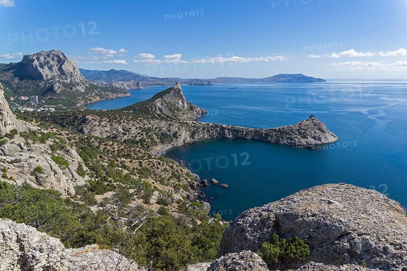 Beautiful view along the sea coast. Novyy Svet, Crimea, sunny day in september