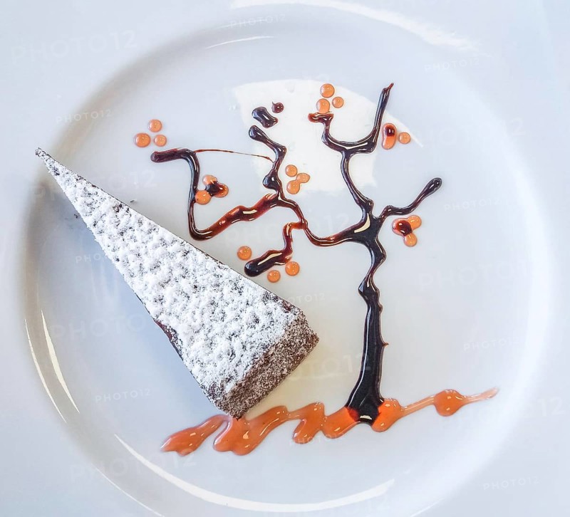 A typical italian slice of cake caprese made of chocolate and almonds with decorative tree made of peach jam and melted chocolate
