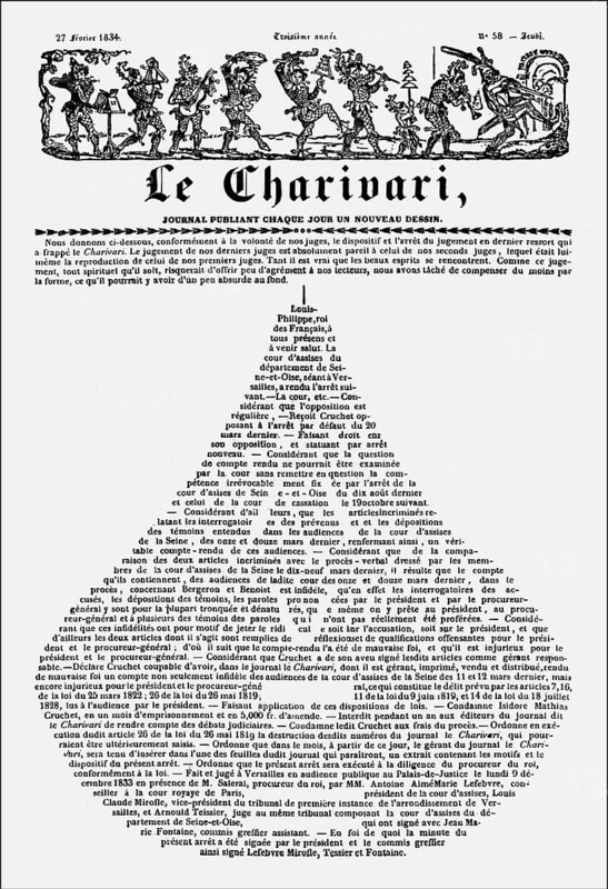 Front page with the verdict against an editor in pear shape, the magazine Le Charivari, 1834