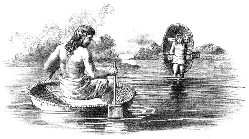 Prehistoric Britons with coracle, small and lightweight boats, first Century BC