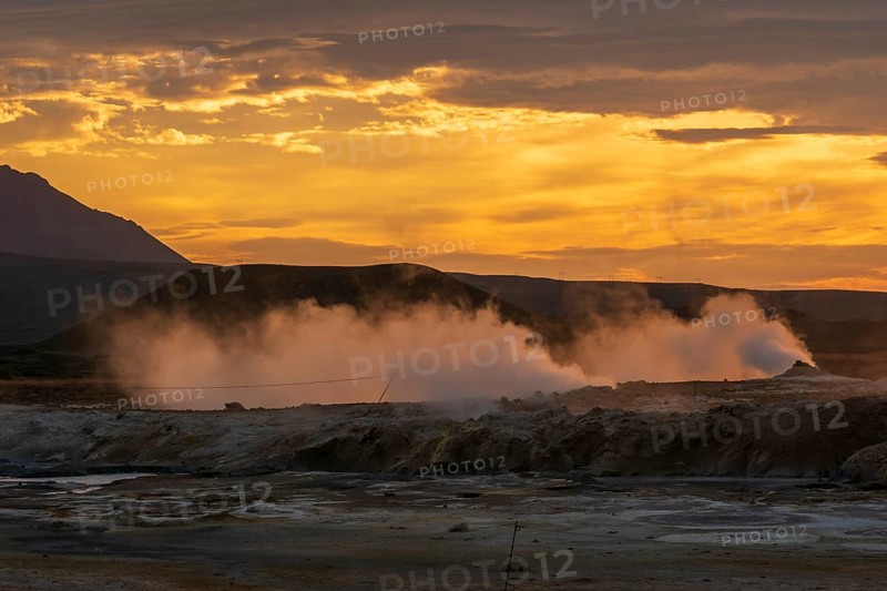 Backlit fumaroles at sunrise, Hverarönd / Hverir geothermal area, Norðurland eystra, Iceland