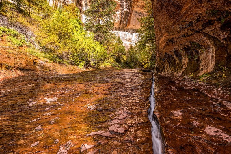A water stream flowing through a narrow crack in the Subway gorge, Zion NP, USA