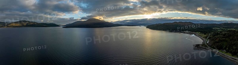 Evening mood at Loch Alsh with Tulach Ard hill and Skye Bridge, drone shot, Reraig, Kyle, Scotland, Great Britain