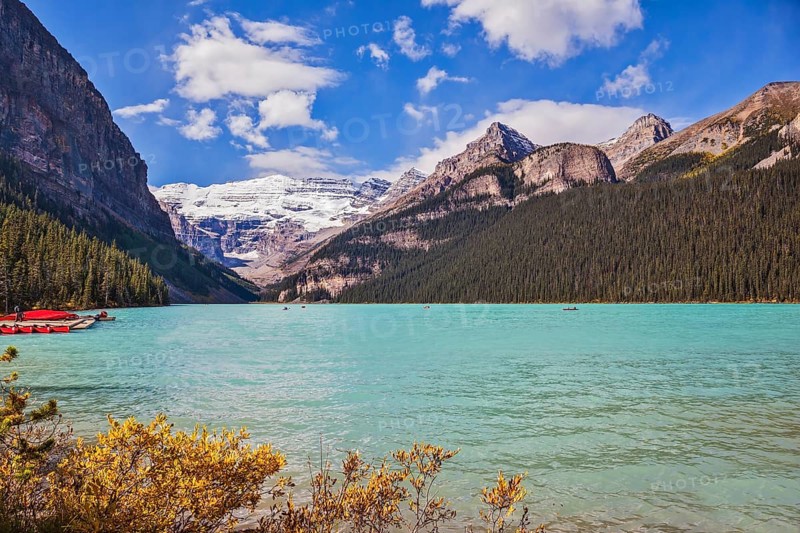 Lake Louise on a beautiful sunny day. The lake is surrounded by mountains, glaciers and pine forests