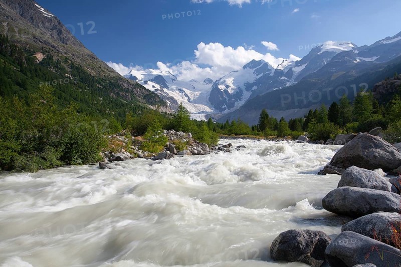 Swiss mountain landscape of the Morteratsch Glacier Valley hiking trail in the Bernina Mountain Range