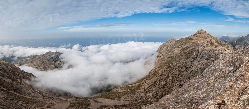 Top of Puig Major with the radar installations surrounded by mist, Serra de Tramuntana, Majorca, Balearic Islands, Spain