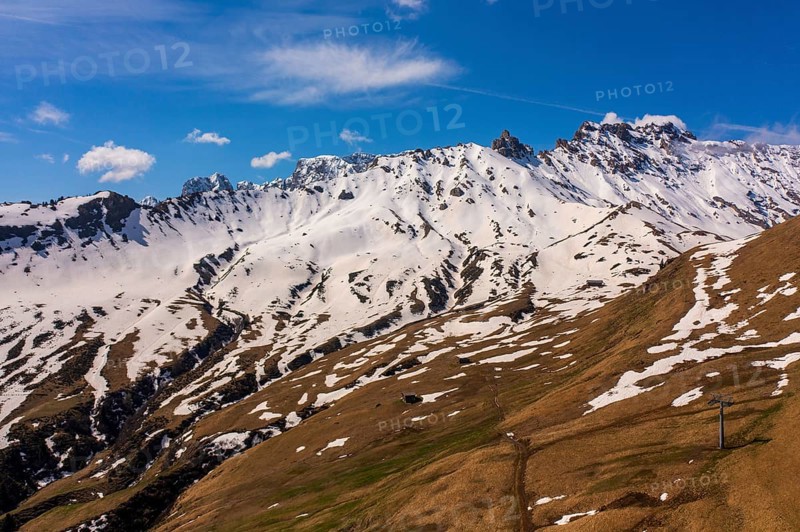 Panoramic view from the Seiser Alm to the Dolomites in Italy, drone shot