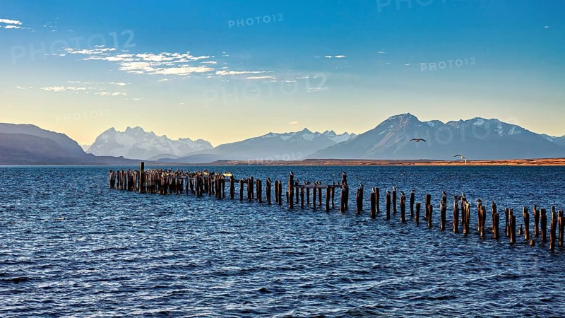 A peaceful coastal landscape with mountains in the background and an old wooden jetty in the sea, view over a lake near Puerto Natales into the mountain landscape of Torres del Paine in Chile