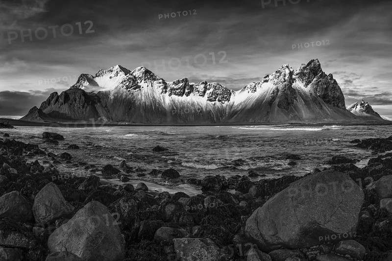 Vestrahorn mountain range and Stokksnes beach panorama, near Hofn, Iceland. Vatnajokull National Park