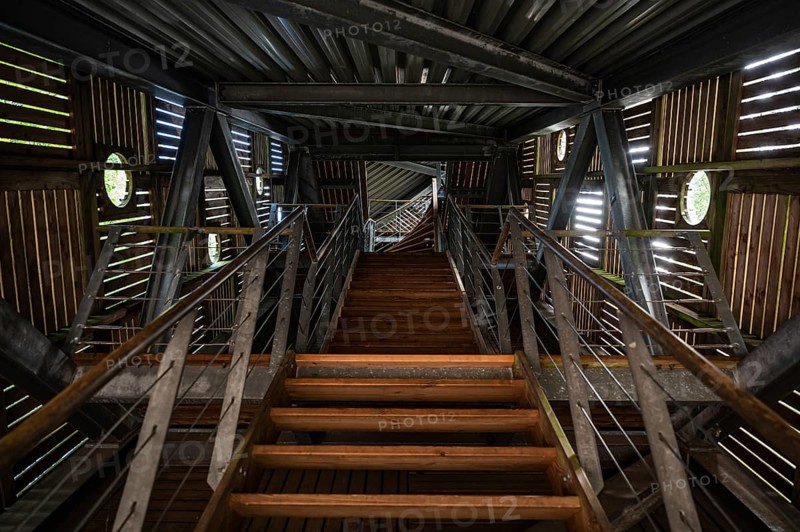 Fochteloo, Drenthe, The Netherlands, 07 20 2022, Interior design in larch wood of an observation tower in the fen