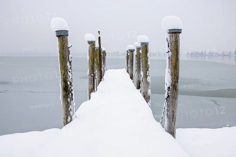 Snow-covered pier jutting into the misty lake, Seegarten, Allensbach, Lake Constance, Baden-Württemberg, Germany