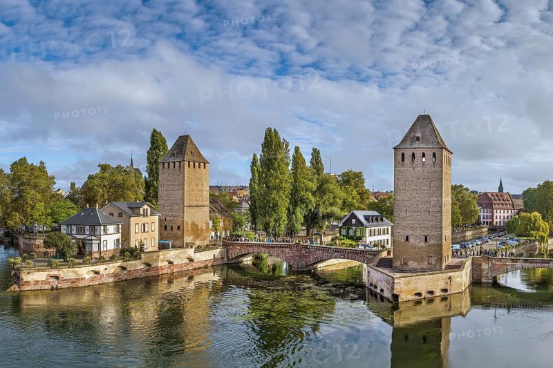 View of medieval bridge Ponts Couverts from the Barrage Vauban in Strasbourg, France