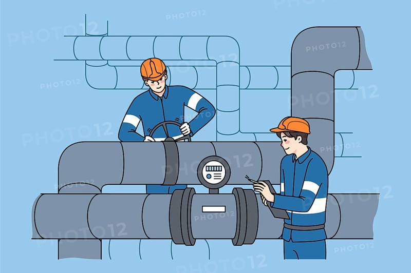 Male workers in uniform inspect and maintain water tubes and pipes. Mechanics control pipeline work, use measuring tools and equipment. Flat illustration
