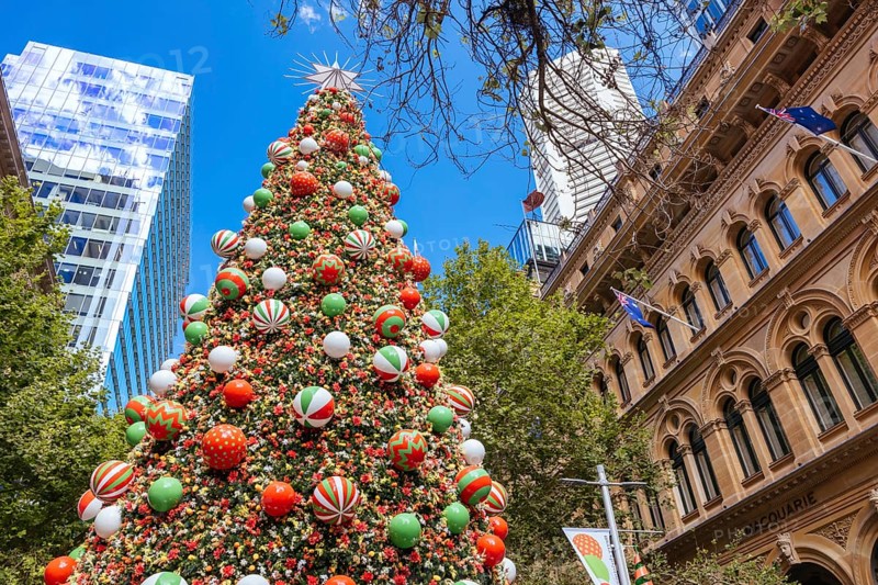 SYDNEY, AUSTRALIA DECEMBER 3 2023: Martin Place with Christmas tree, lights and decorations in the middle of a busy day in Sydney CBD, New South Wales, Australia