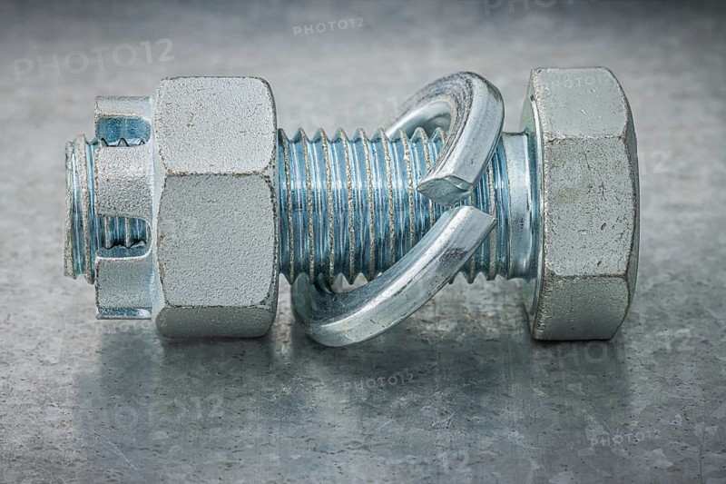 Mounted Screw Bolt And Nut With Washer Engraver On Metal Steel Plate
