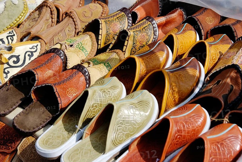 A lot of various Mongolian leather slippers for sale