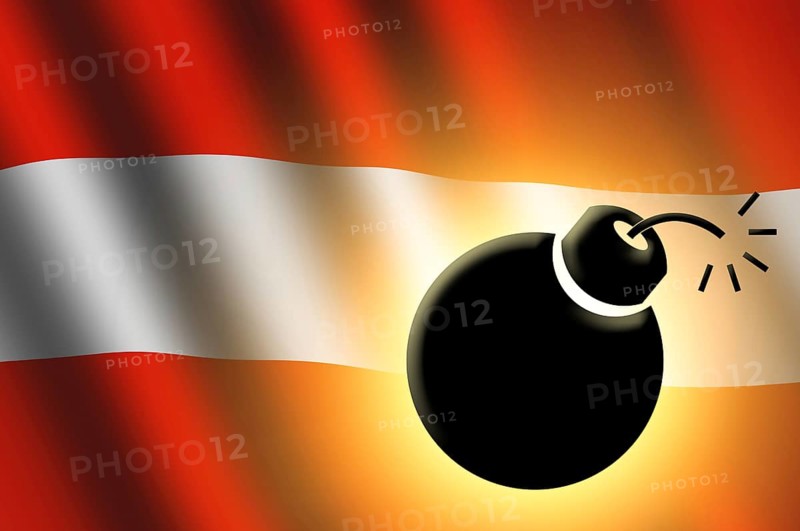 The Austrian flag and bomb illustration. Closeup