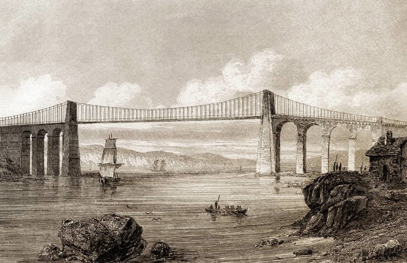 Die Menai-Hängebrücke, Wales, England, 19. Jahrhundert