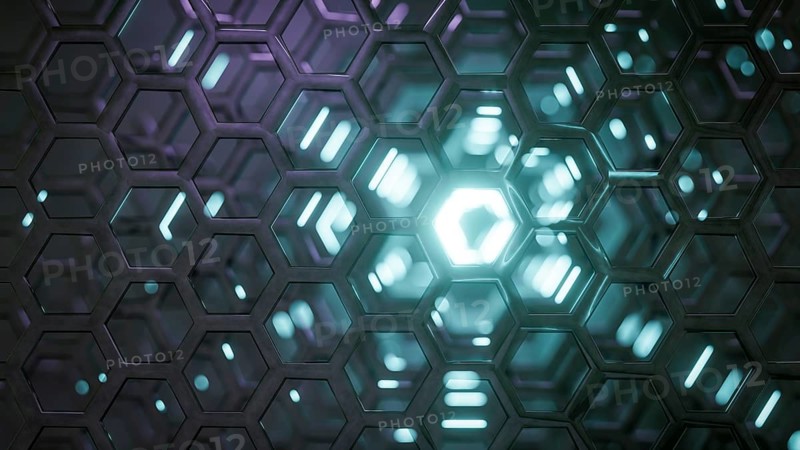 Hexagonal science fiction light reflections background. 3D illustration