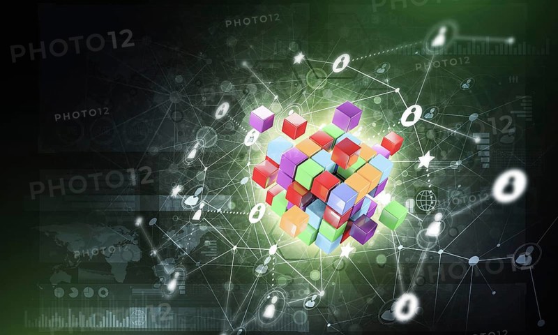 Conceptual background image with cube figure and social connection lines. 3d rendering
