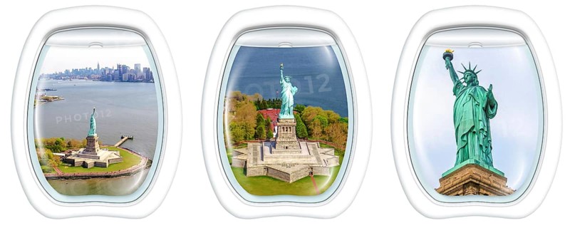 Three porthole frame windows helicopter view of Liberty Island and the famous Statue of Liberty monument symbol of New York City, United States