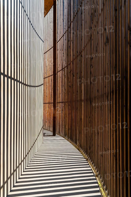 Berlin, Germany, July 28, 2019: Chapel of Reconciliation. Interior gallery covered with wooden lattice