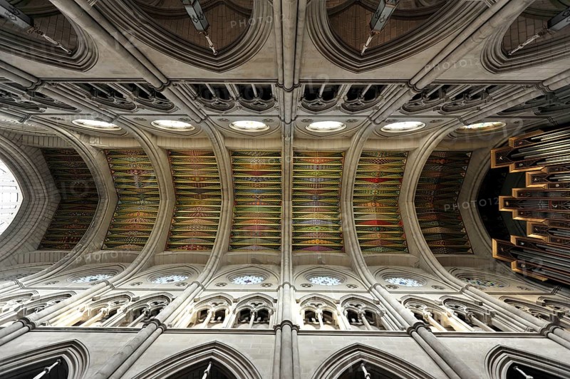 Catedral de Nuestra Señora de la Almudena, Santa María la Real de La Almudena, Almudena Cathedral, Madrid, Spain, Europe, Detailed church ceiling with geometric patterns and a large pipe organ