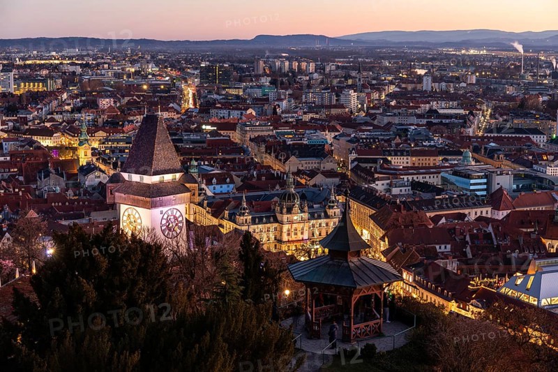 Evening atmosphere, view from the Schlossberg to the clock tower and the historic city centre, Graz, Styria, Austria