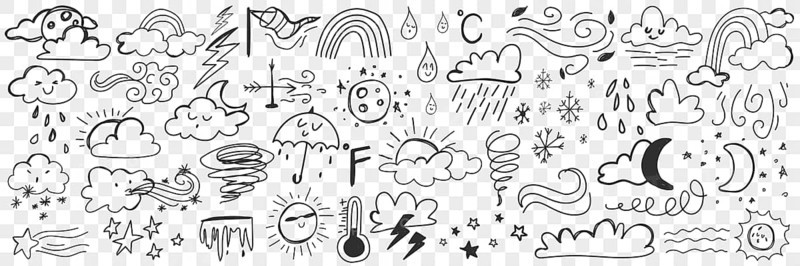 Various weather conditions doodle set. Collection of hand drawn clouds rain storm thunder lightning frost and cold weather isolated on transparent background. Illustration of precipitation concept