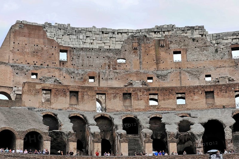 Colosseum, Colosseum, amphitheatre, built in 72 AD by Vespasian, Rome, Lazio, Italy, Exterior view of the ancient stone arches of the Colosseum in Rome, Rome, Lazio, Italy, An impressive view of the ancient Colosseum in Rome with erosion and tourist groups, Vatican, Rome, Lazio, Italy