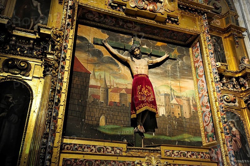 Crucifix in front of a painting in the cathedral, historic city centre, UNESCO World Heritage Site, Segovia, Castilla-Leon, Castilla y Leon, Spain