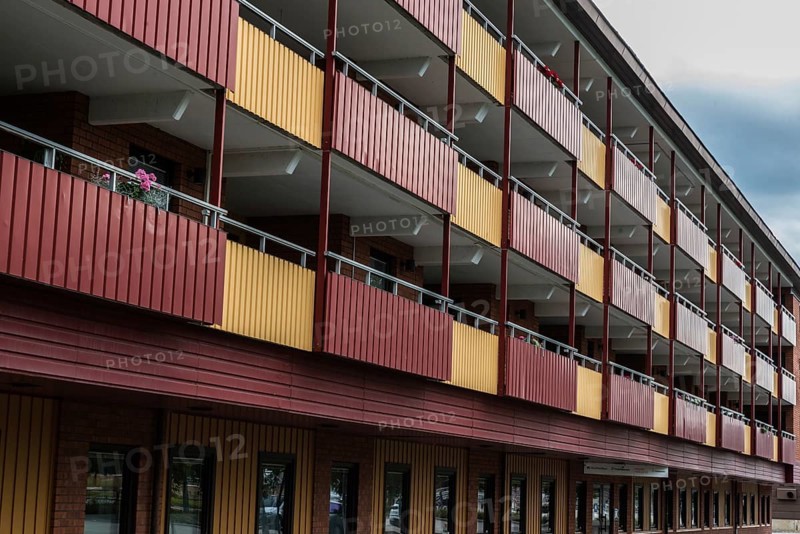 Bollnas city, Gavleborg County, Sweden, 08 04 2019- View over red and yellow residential apartments