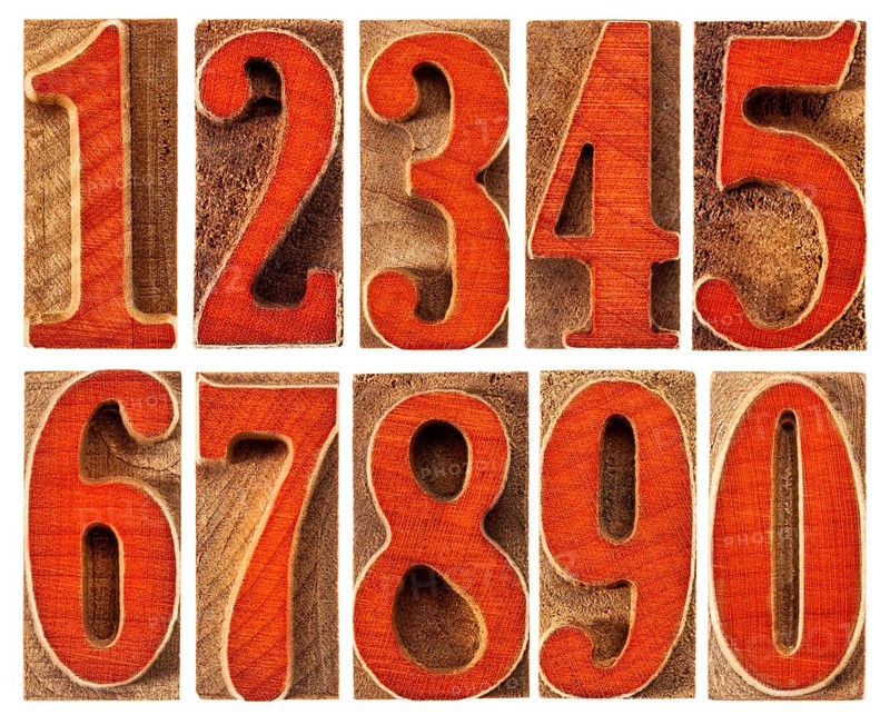 A set of isolated ten numbers from zero to nine in letterpress wood type printing blocks stained by red ink