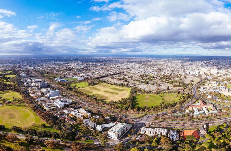 Aerial view of Royal Park and Ikon Stadium of Carlton Football Club on a cool winter's day from Parkville in Victoria, Australia