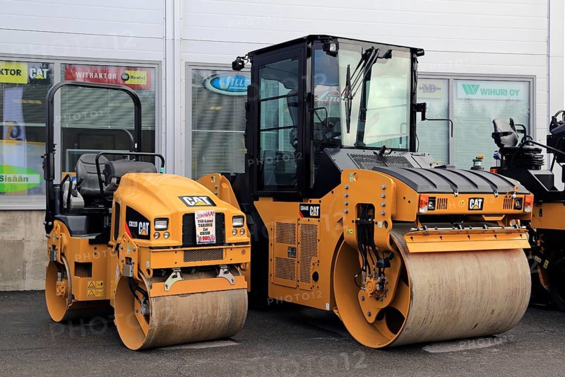 LIETO, FINLAND, MARCH 25, 2017: Cat CB22B utility compactor and CB44B Tandem Vibratory roller as seen at the annual public event of Konekaupan Villi Lansi Machinery Sales
