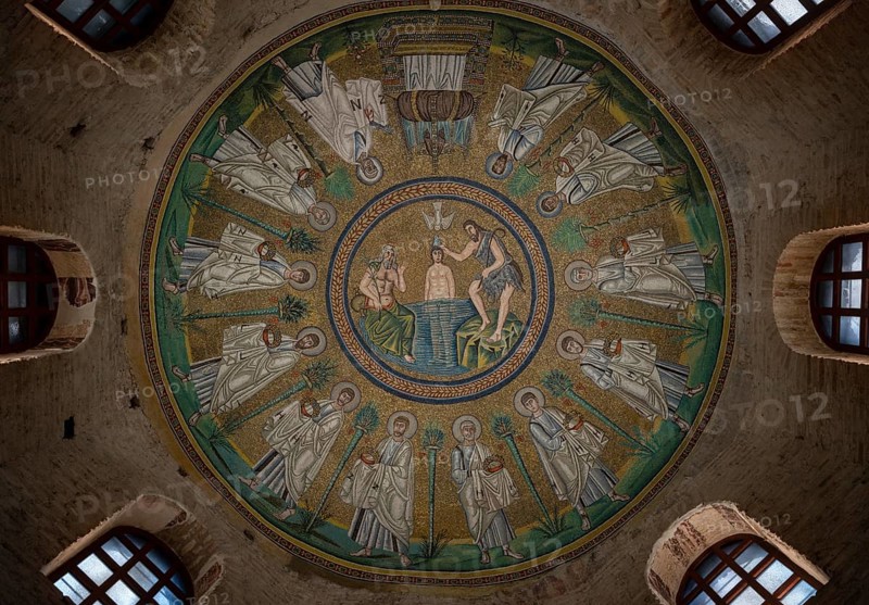 Ravenna, Baptistery of the Arians, Battistero degli Ariani, Arian Baptistery, view of the dome mosaic