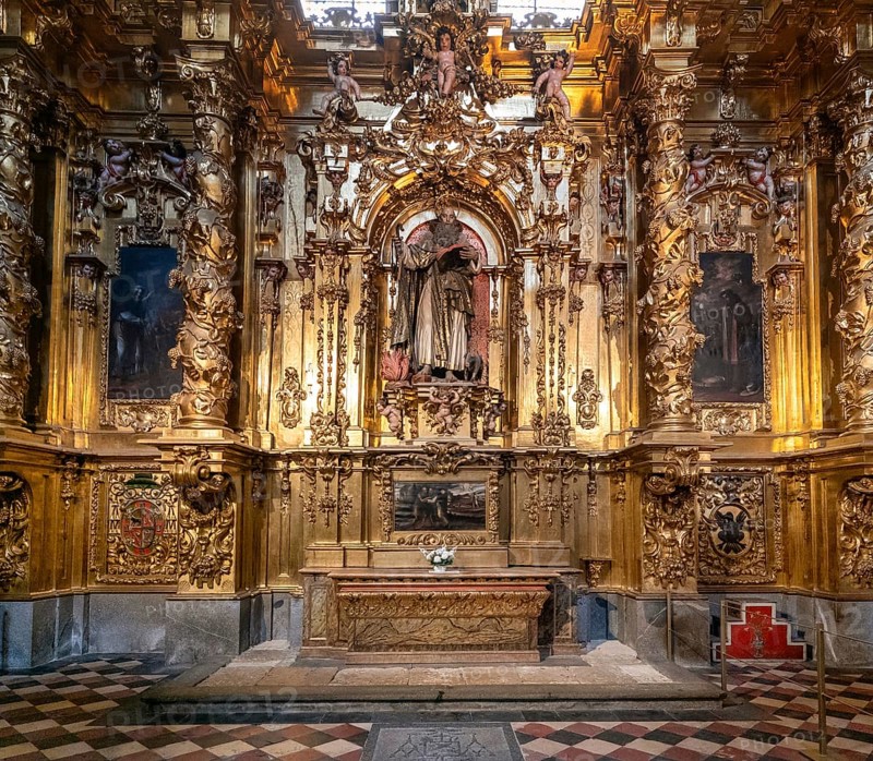 Segovia, Spain, 7 April, 2024: detail view of a gilded altar piece in a side chapel of the Segovia Cathedral