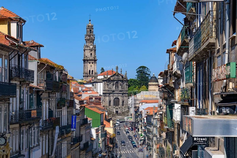 Buildings in Porto with Clérigos Church at background in Portugal