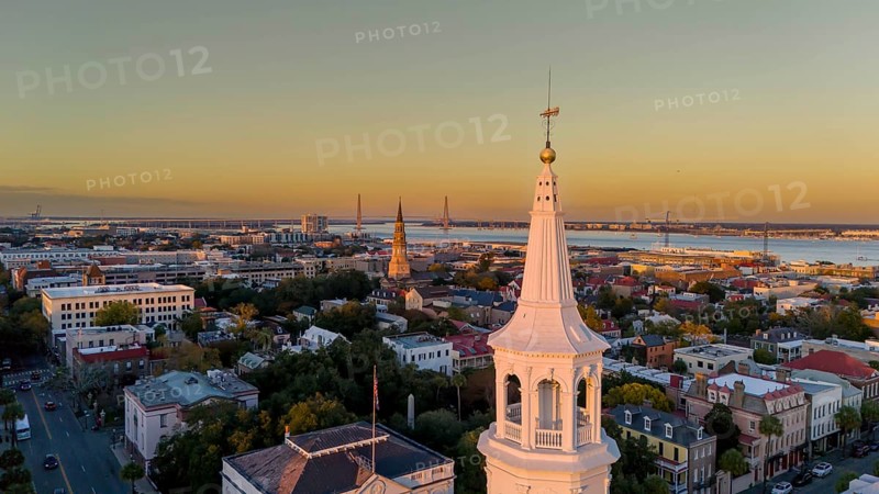 Aerial view of the St Michaels Anglican Church in Charleston SC. Listed on the National Register of Historic Places, it is the oldest surviving religious structure in the city