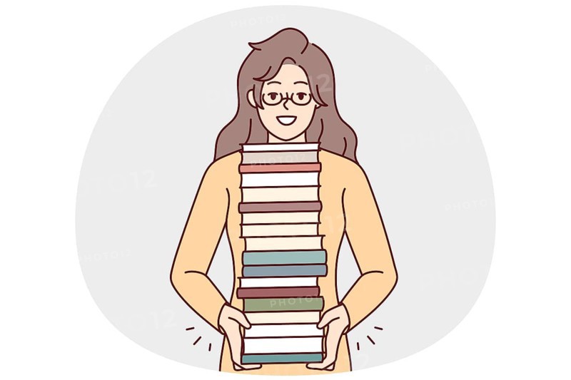 Smiling young woman in glasses with pile of books enjoy reading. Happy girl with stack of textbooks. Literature and learning. Vector illustration