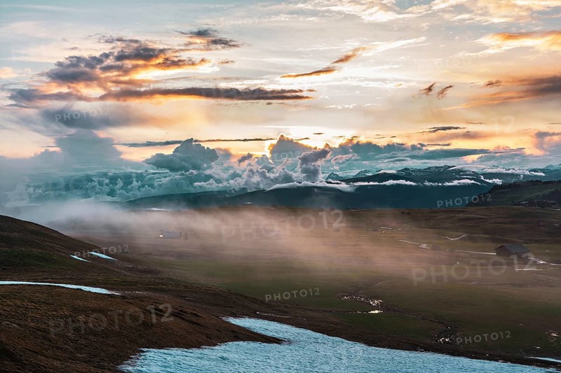 Panoramic view of Mount Sciliar from Alpe di Siusi in the Dolomites in South Tyrol, Italy