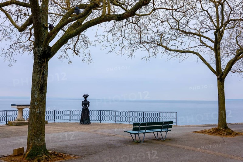 Waterfront with Bare Tree and Statue on Lake Neuchatel in Old Town in a Foggy Winter day in City of Neuchatel, Canton Neuchatel, Switzerland